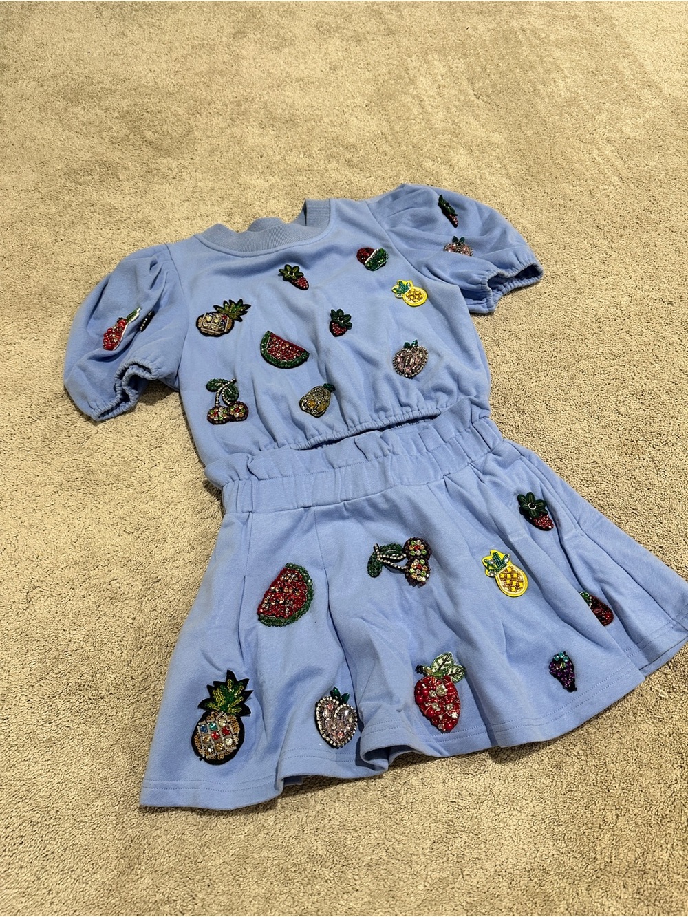 Light Blue Women’s Two-Piece Set with Beaded Fruit Appliqués - Picture 1 of 1